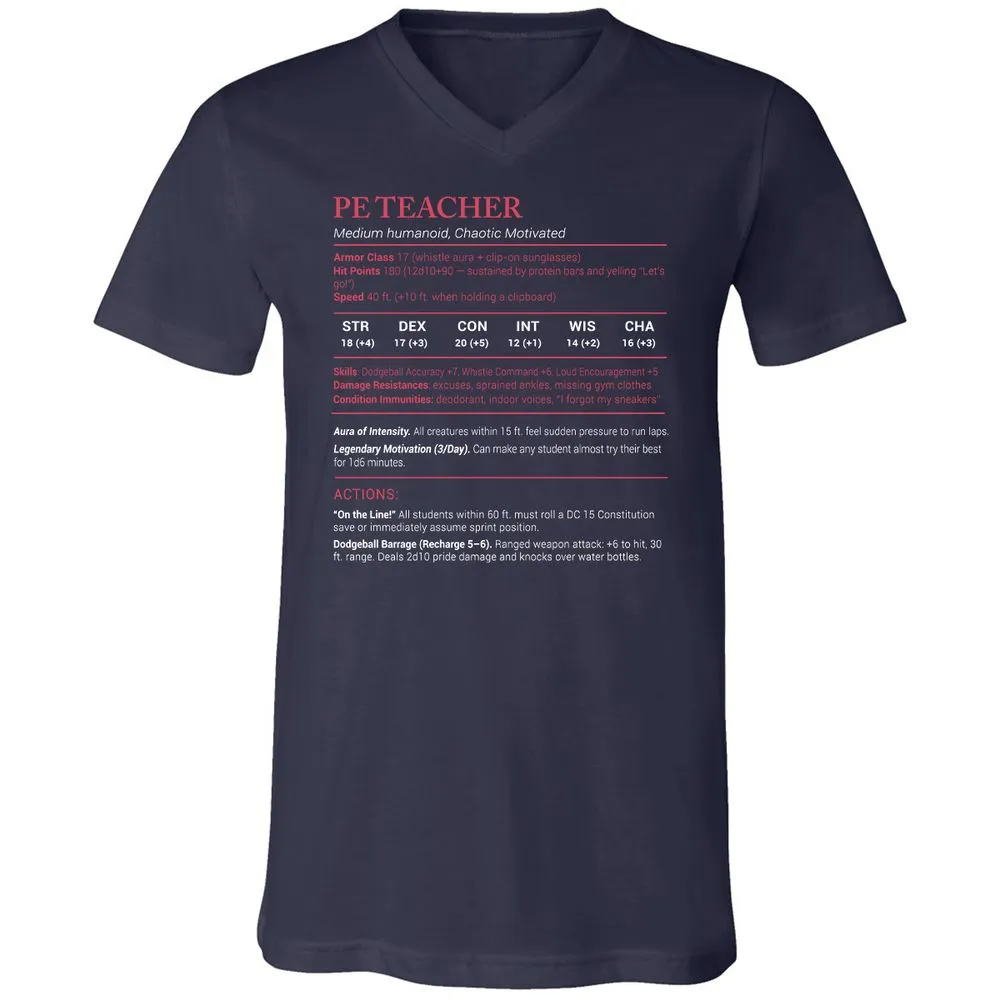 PE Teacher Stats Unisex V-Neck T-Shirt - Navy - 2
