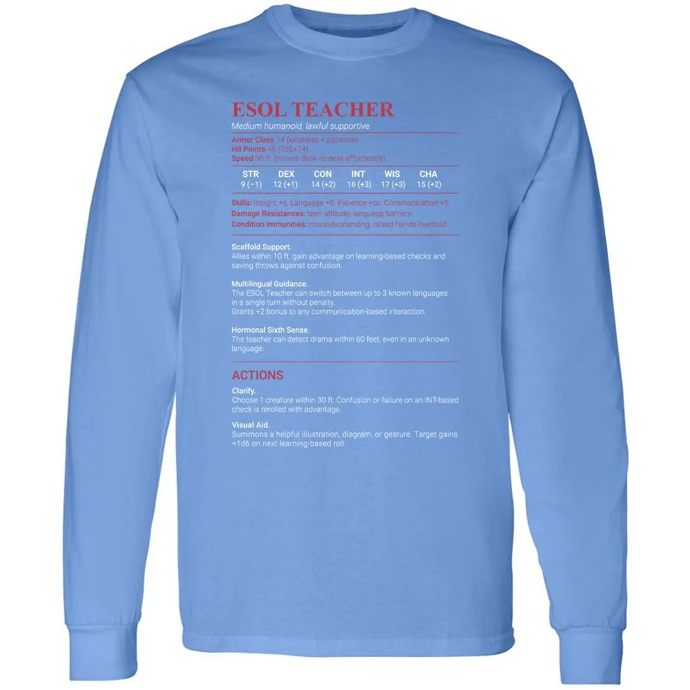 ESOL Teacher Long Sleeve T-Shirt - Carolina Blue - 12