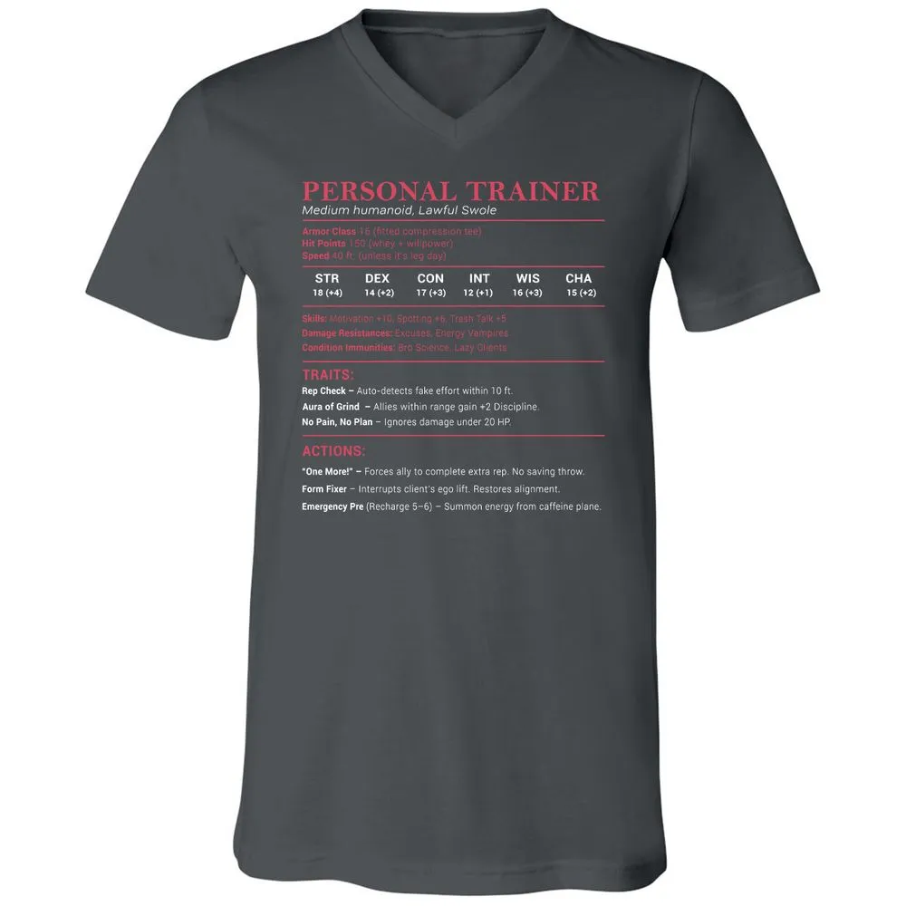 Personal Trainer PT Stats Unisex V-Neck T-Shirt - Asphalt - 12