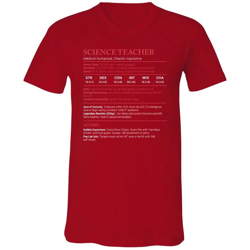 Science Teacher Stats Unisex V-Neck T-Shirt - Red - 3