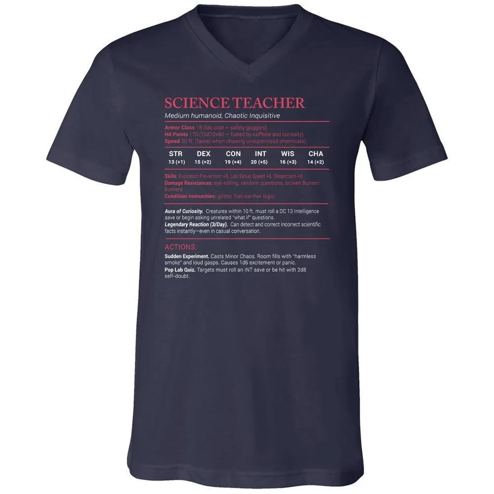 Science Teacher Stats Unisex V-Neck T-Shirt - Navy - 2