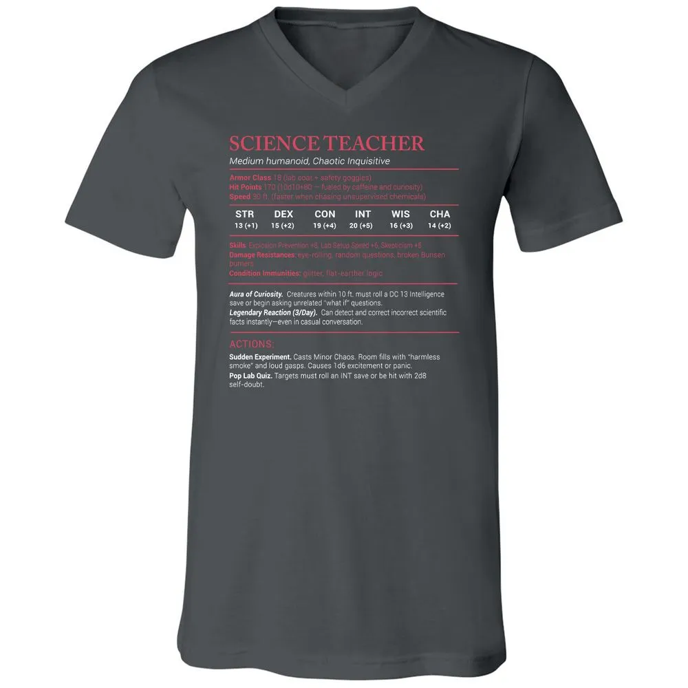 Science Teacher Stats Unisex V-Neck T-Shirt - Asphalt - 12