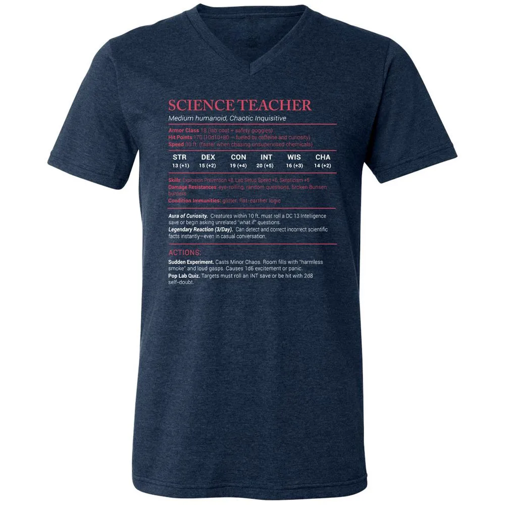 Science Teacher Stats Unisex V-Neck T-Shirt - Heather Navy - 15