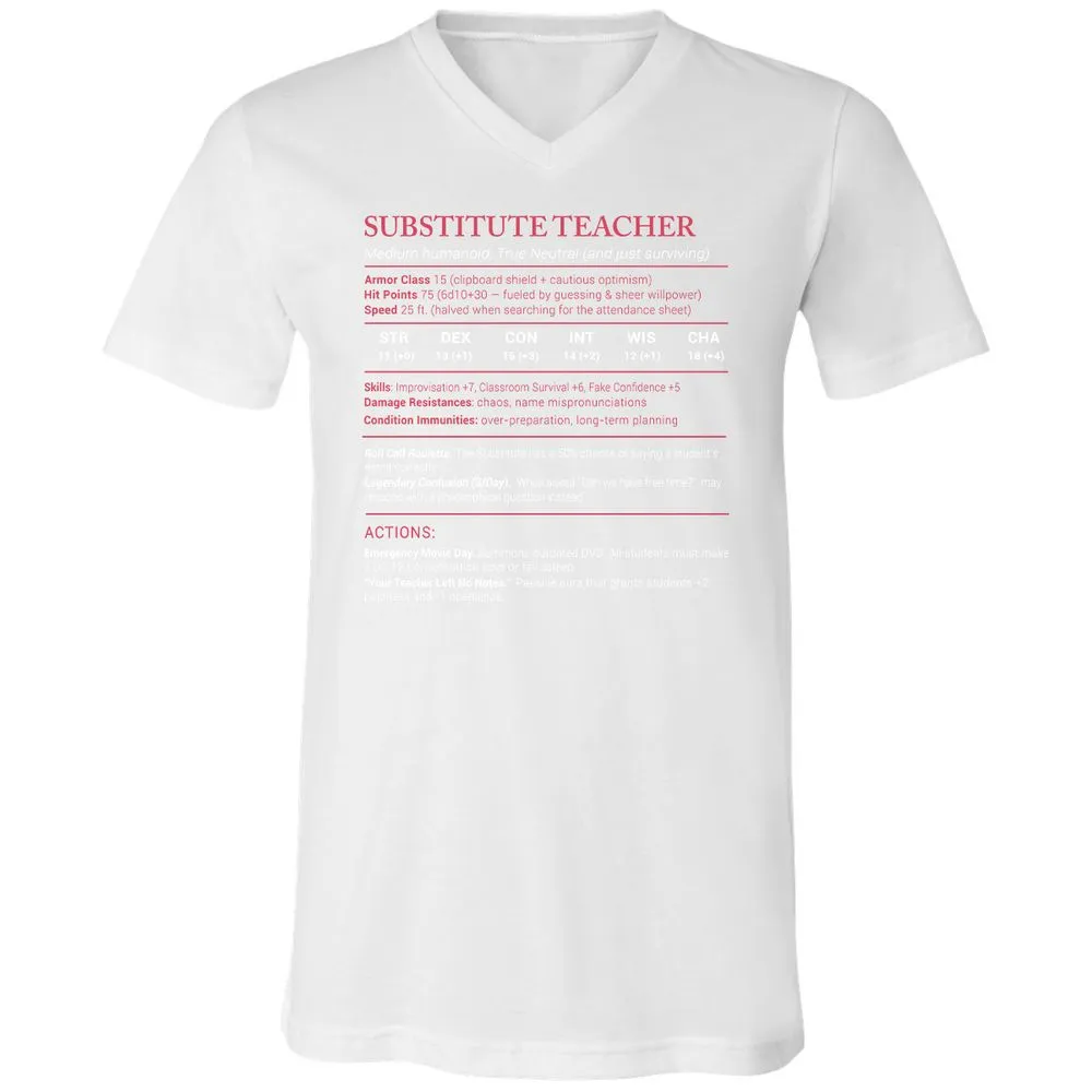 Substitute Teacher Stats Unisex V-Neck T-Shirt - White - 5