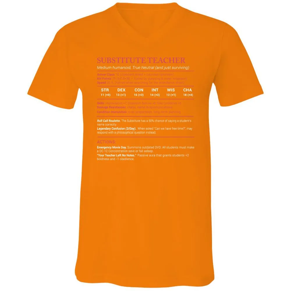 Substitute Teacher Stats Unisex V-Neck T-Shirt - Orange - 11