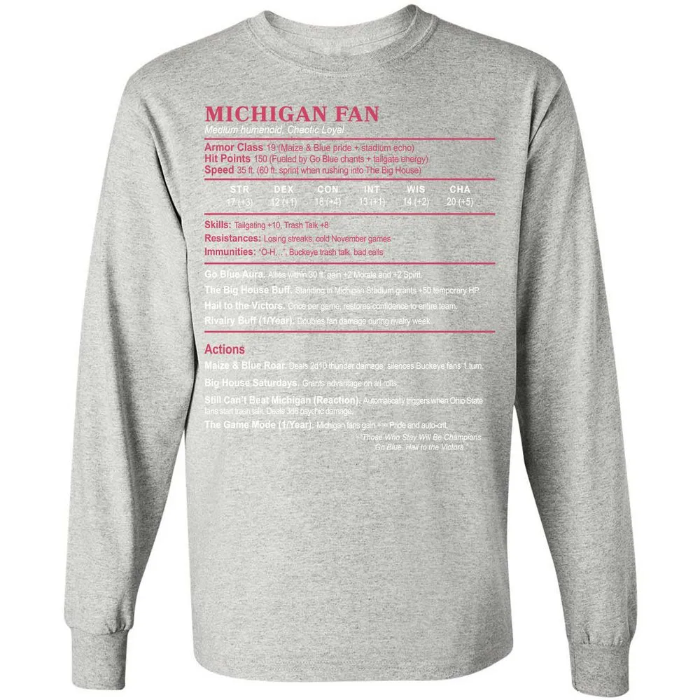 MICHIGAN FAN Long Sleeve T-Shirt - Ash - 7