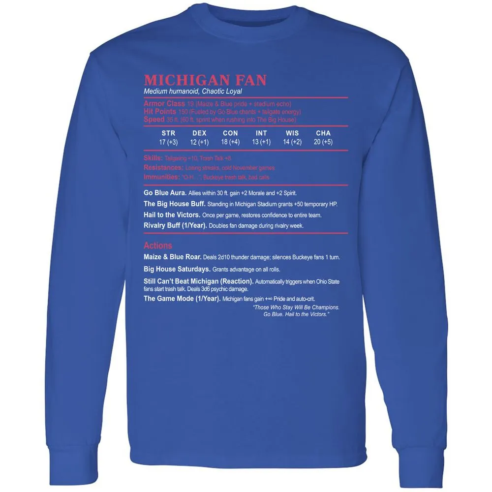 MICHIGAN FAN Long Sleeve T-Shirt - Royal - 8