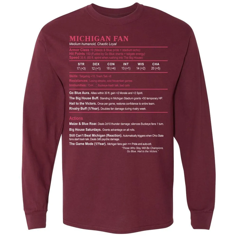 MICHIGAN FAN Long Sleeve T-Shirt - Maroon - 11