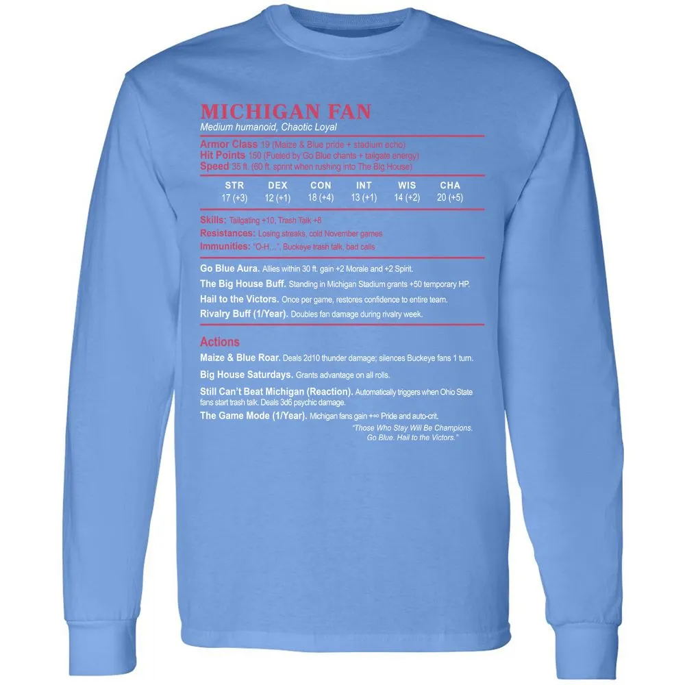 MICHIGAN FAN Long Sleeve T-Shirt - Carolina Blue - 12