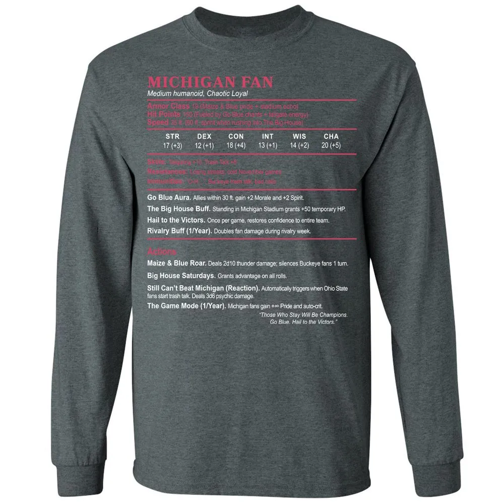 MICHIGAN FAN Long Sleeve T-Shirt - Dark Heather - 15