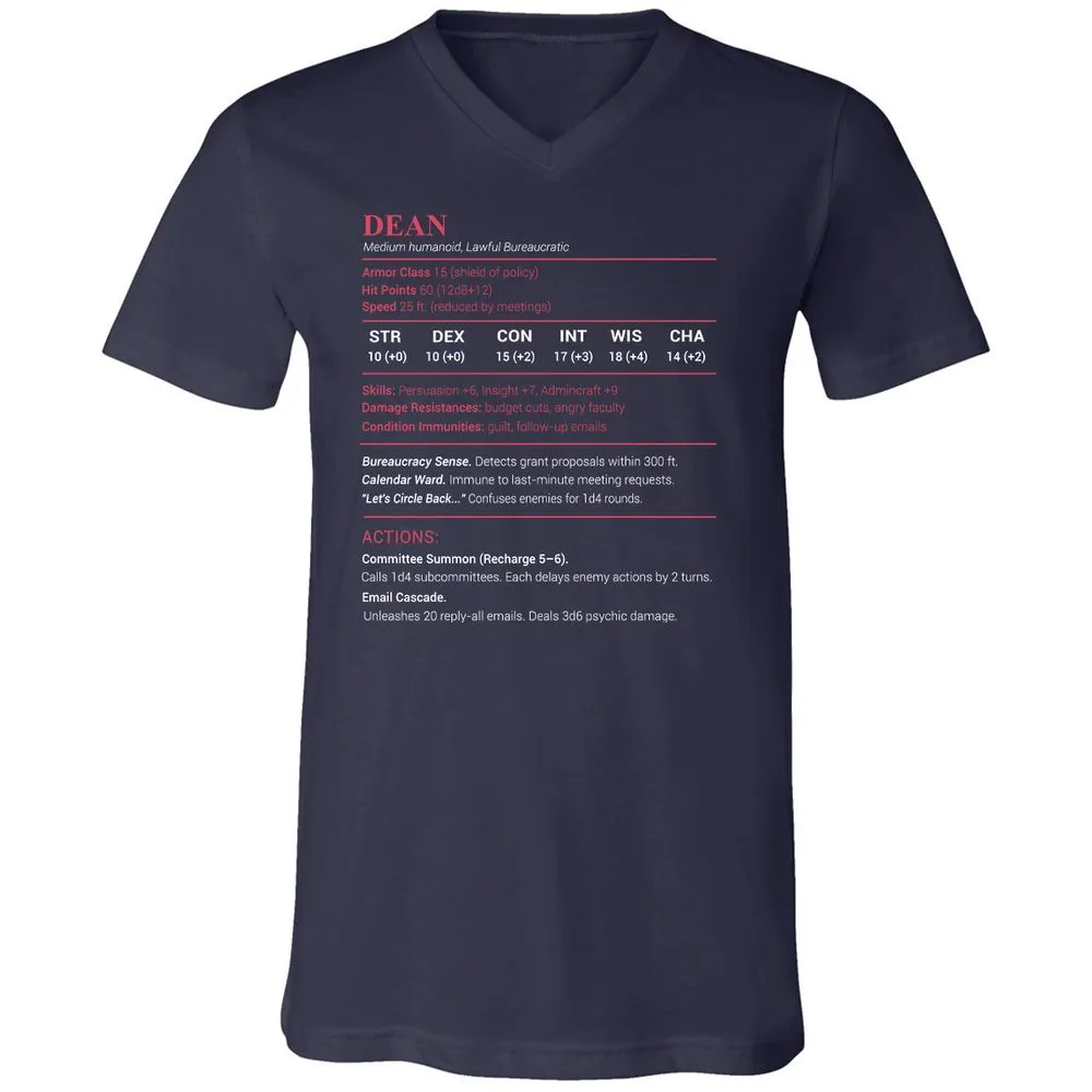 Dean Stats Unisex V-Neck T-Shirt - Navy - 2