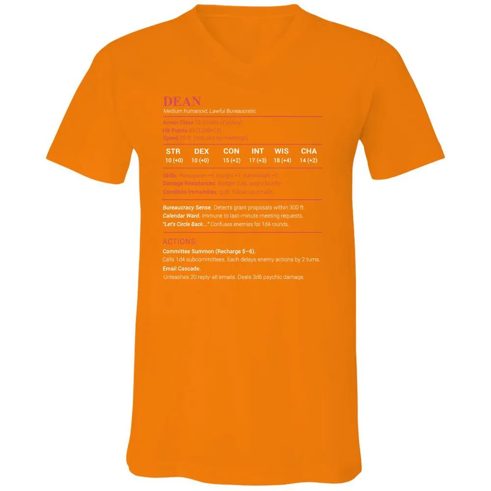 Dean Stats Unisex V-Neck T-Shirt - Orange - 11