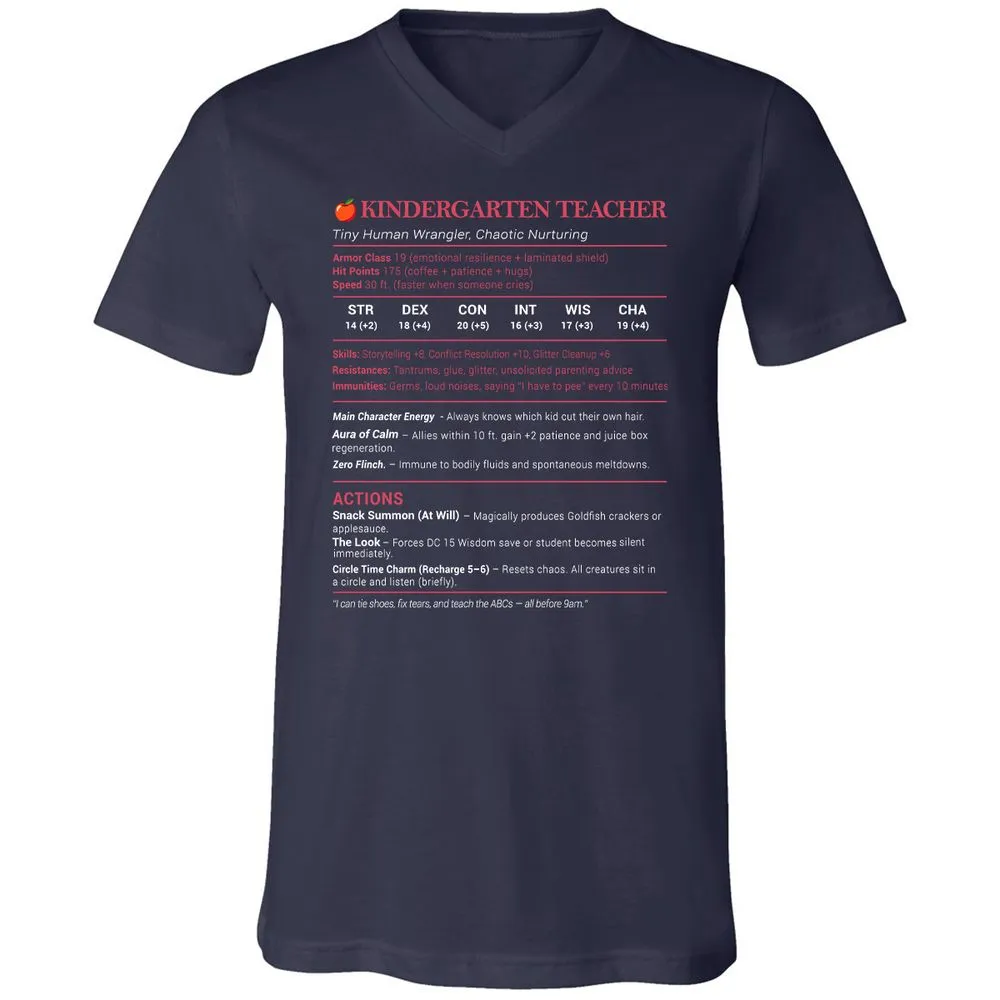 Kindergarten Teacher Stats Unisex V-Neck T-Shirt - Navy - 2