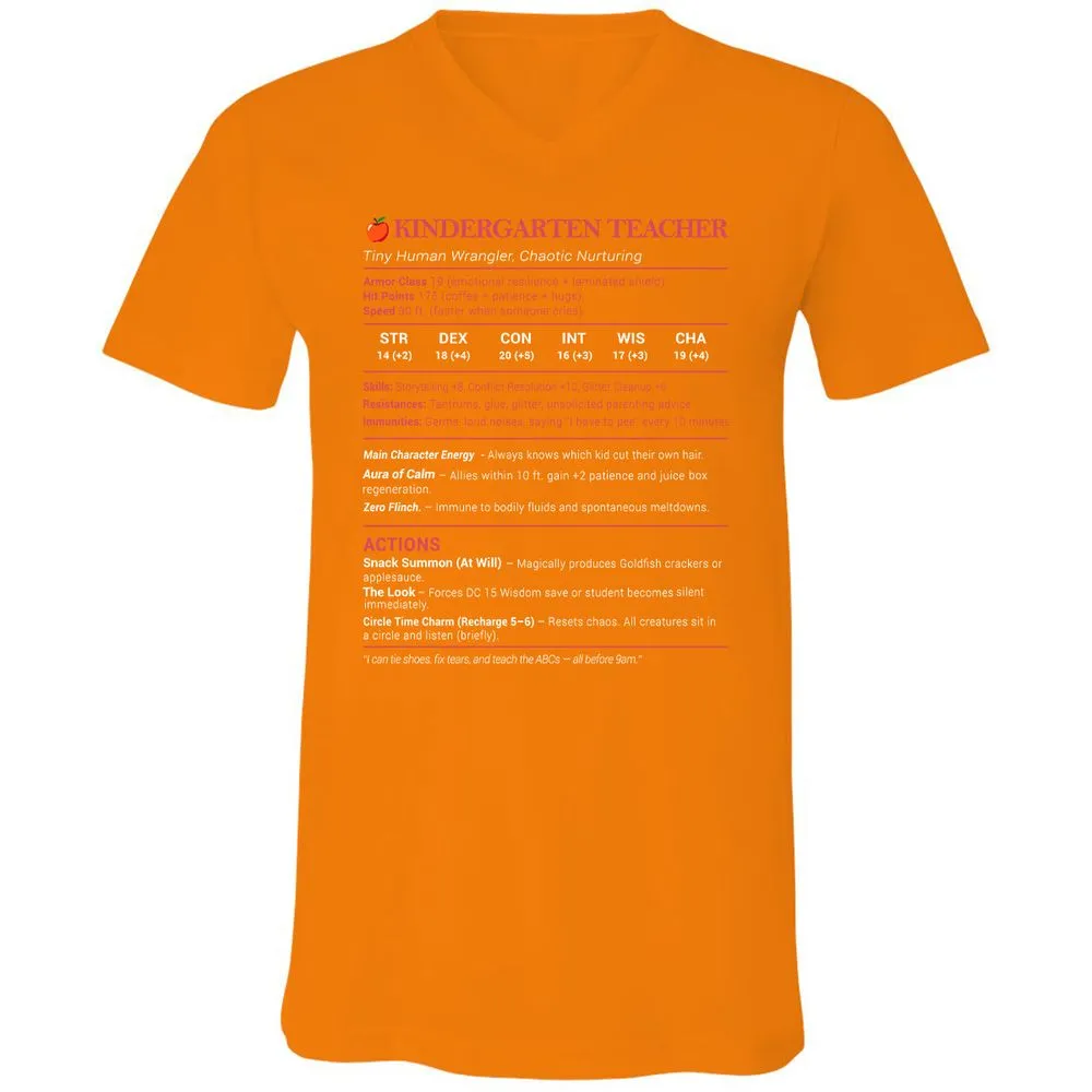 Kindergarten Teacher Stats Unisex V-Neck T-Shirt - Orange - 11