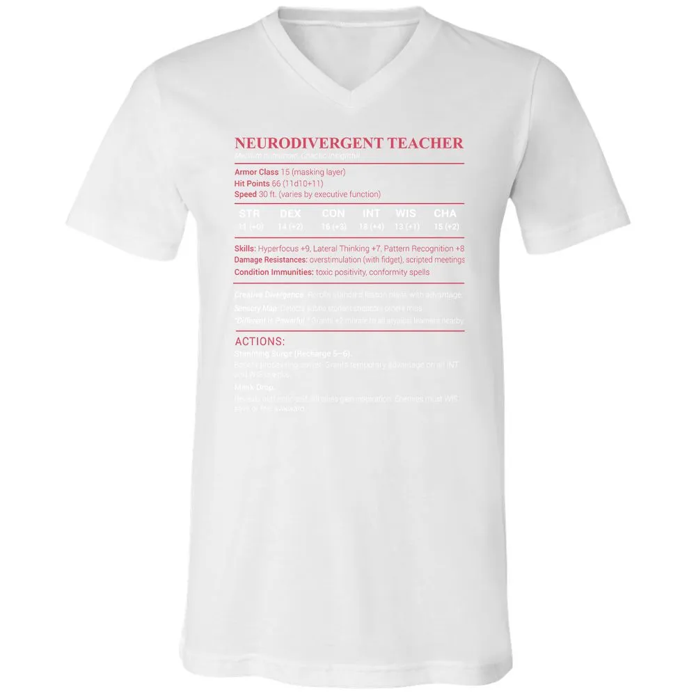 Neurodivergent Teacher Stats Unisex V-Neck T-Shirt - White - 5
