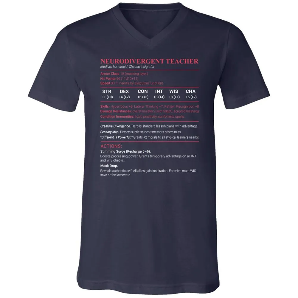 Neurodivergent Teacher Stats Unisex V-Neck T-Shirt - Navy - 2