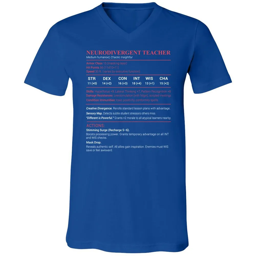 Neurodivergent Teacher Stats Unisex V-Neck T-Shirt - True Royal - 4