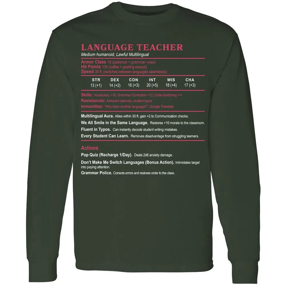 Language Teacher Long Sleeve T-Shirt - Forest Green - 4
