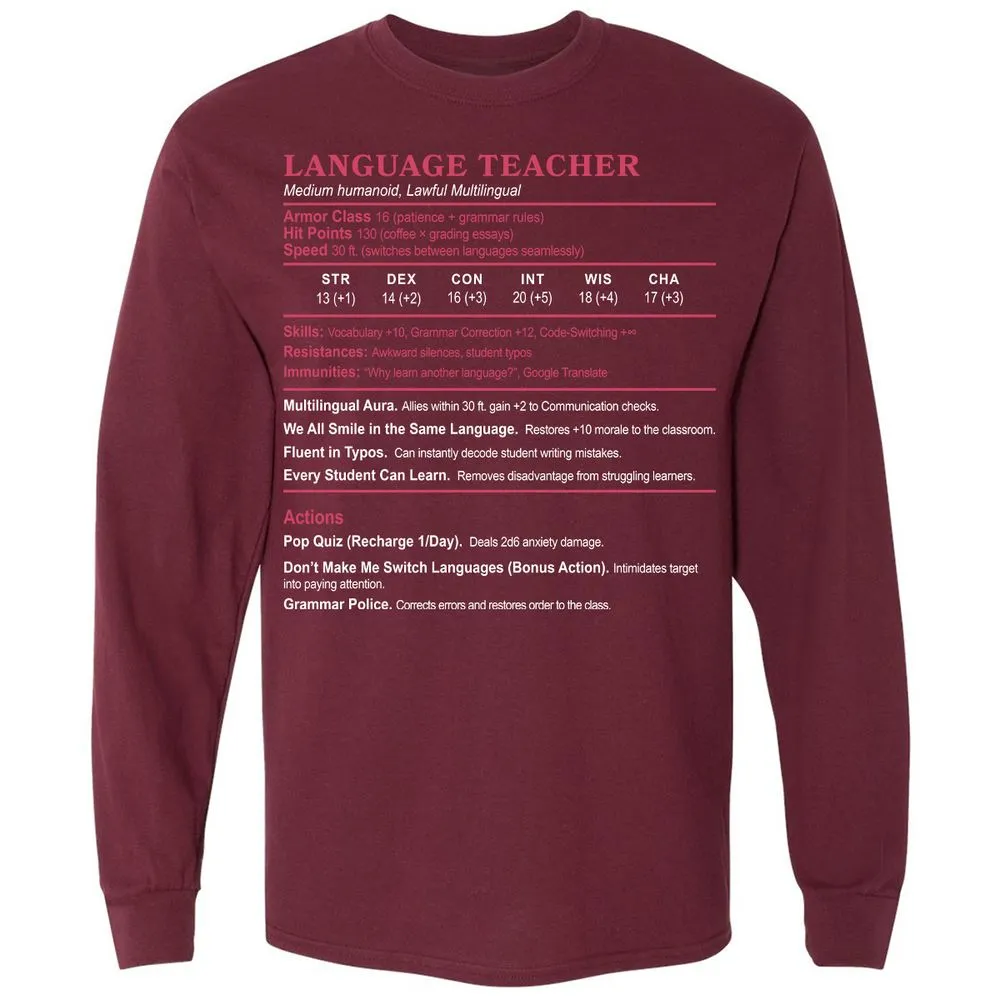 Language Teacher Long Sleeve T-Shirt - Maroon - 11