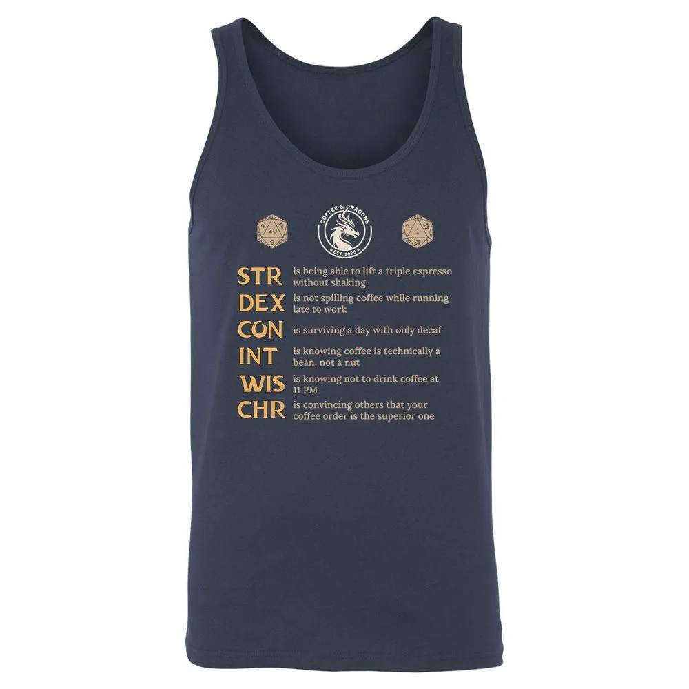 Coffee & Dragons RPG Stats Unisex Jersey Tank - Navy - 2