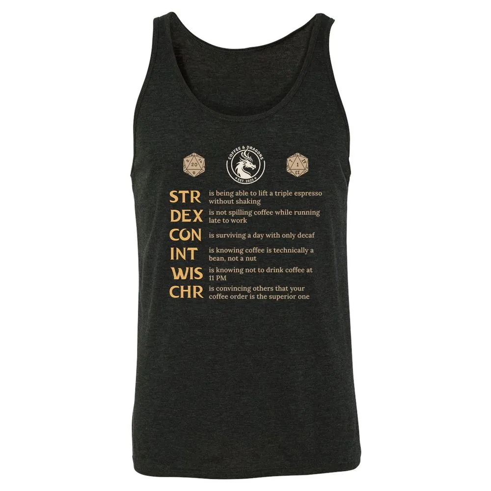 Coffee & Dragons RPG Stats Unisex Jersey Tank - Charcoal Black Triblend - 5