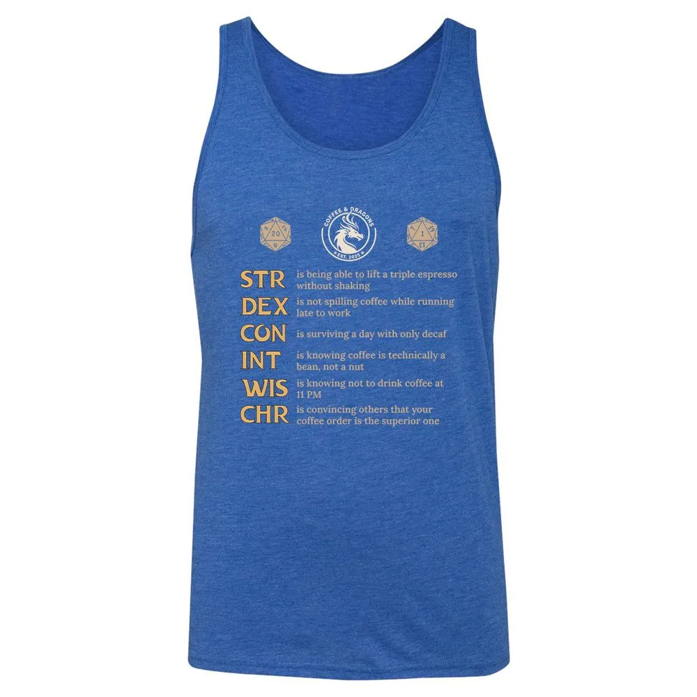 Coffee & Dragons RPG Stats Unisex Jersey Tank - True Royal Triblend - 12