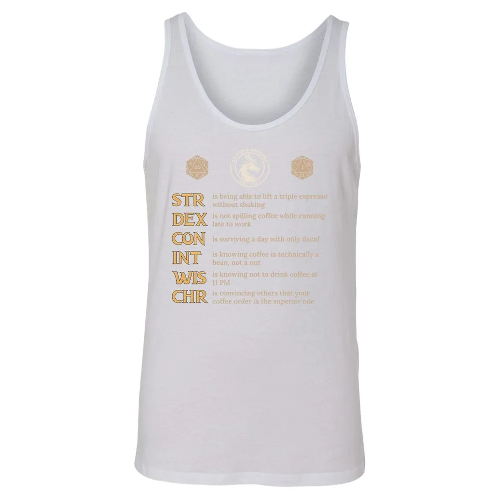 Coffee & Dragons RPG Stats Unisex Jersey Tank - White - 14
