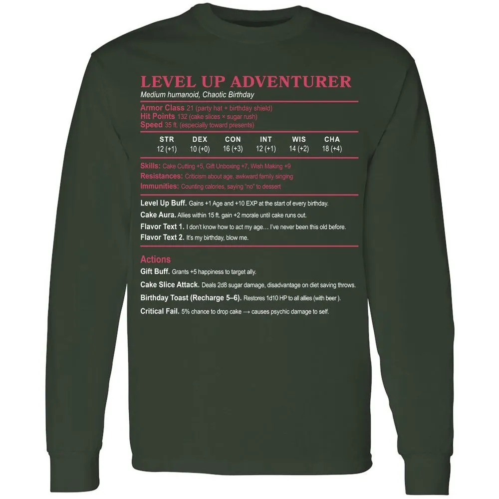 Level Up Adventurer Long Sleeve T-Shirt - Forest Green - 4