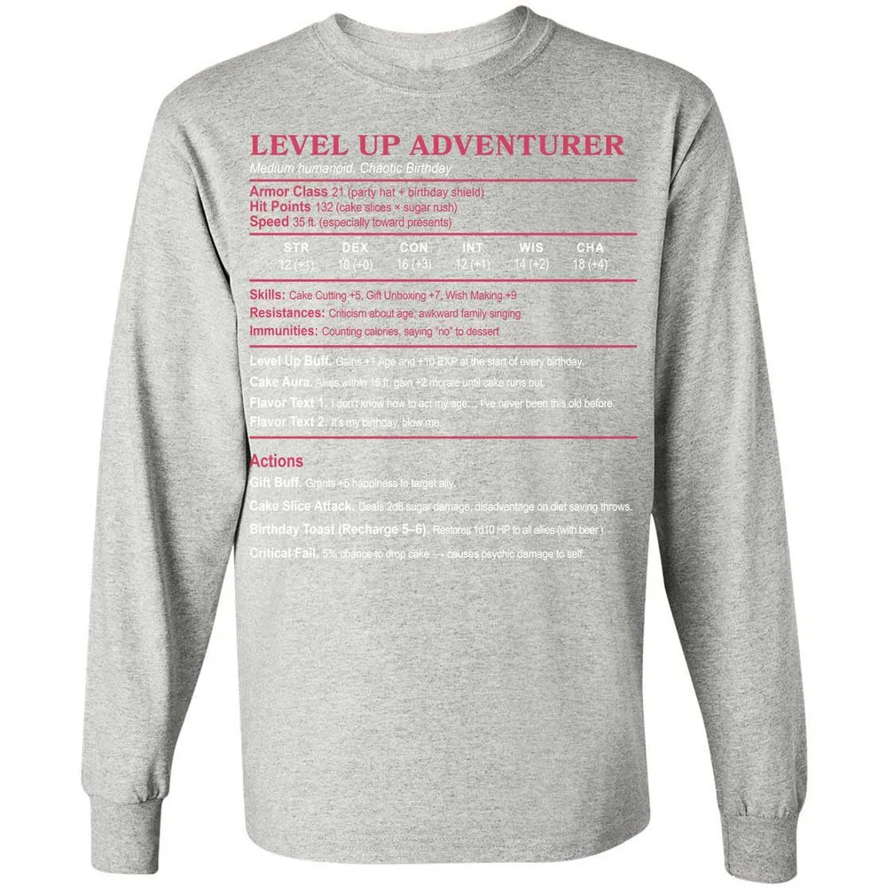 Level Up Adventurer Long Sleeve T-Shirt - Ash - 7