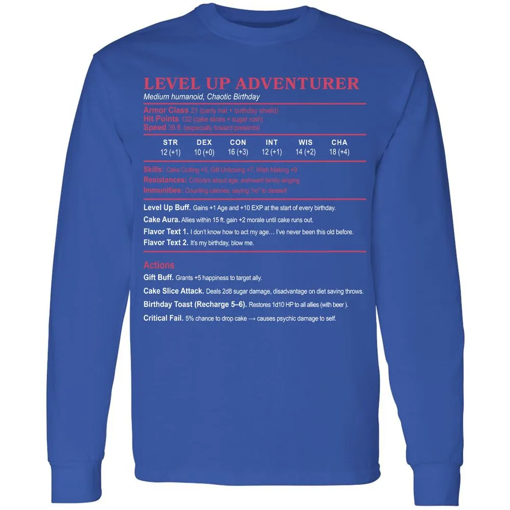 Level Up Adventurer Long Sleeve T-Shirt - Royal - 8