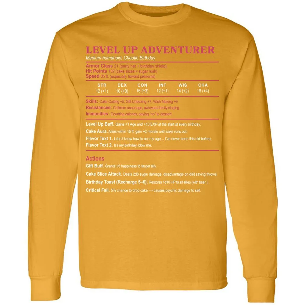 Level Up Adventurer Long Sleeve T-Shirt - Gold - 9