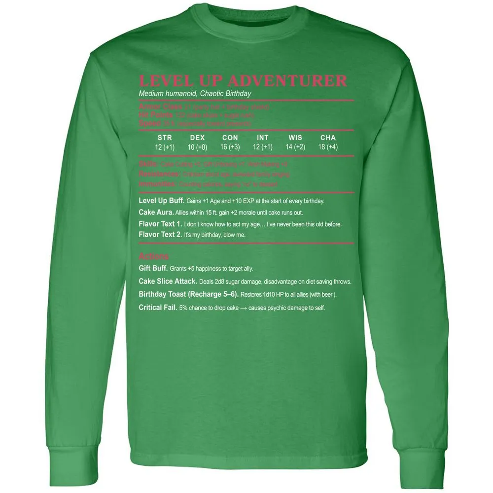 Level Up Adventurer Long Sleeve T-Shirt - Irish Green - 10