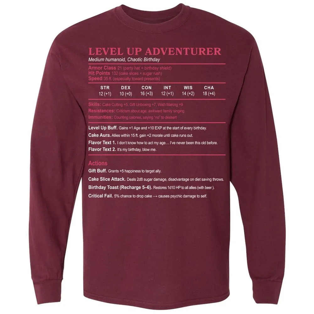Level Up Adventurer Long Sleeve T-Shirt - Maroon - 11