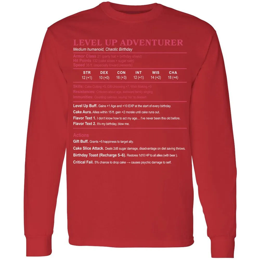 Level Up Adventurer Long Sleeve T-Shirt - Red - 14