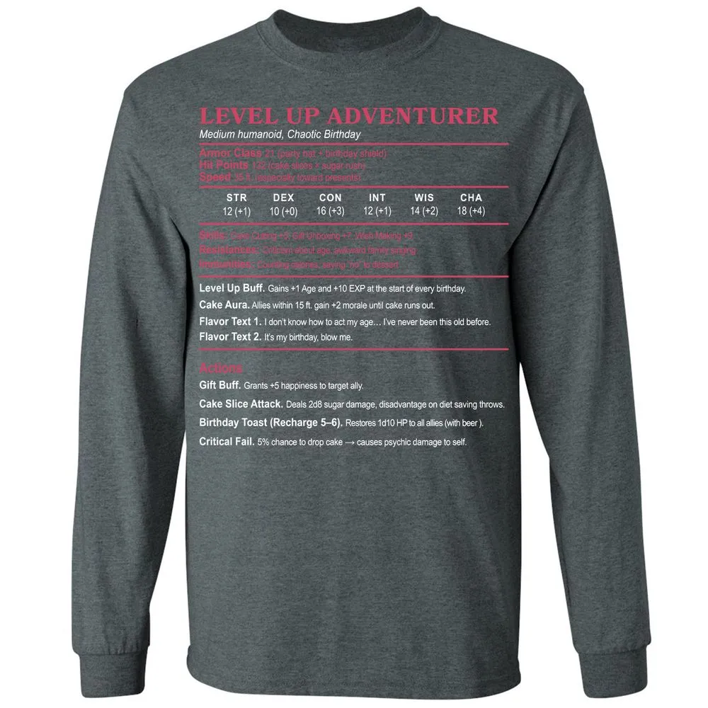 Level Up Adventurer Long Sleeve T-Shirt - Dark Heather - 15