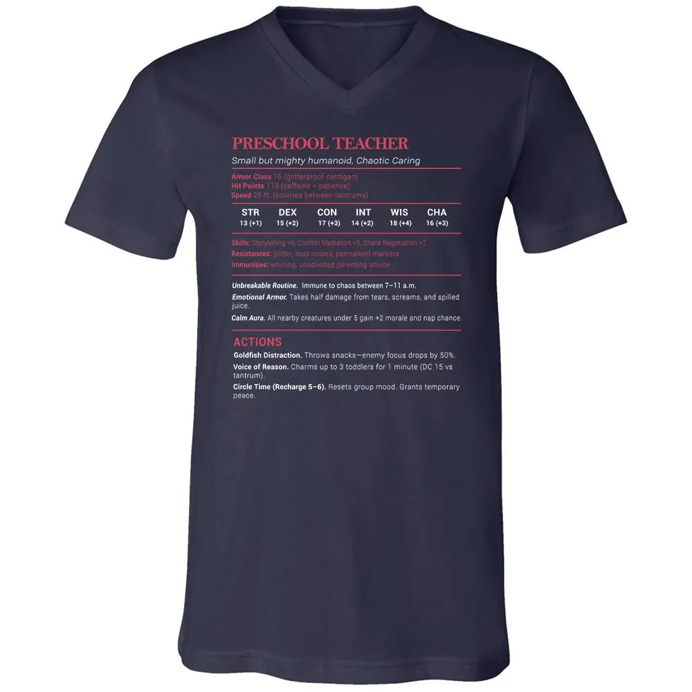 Preschool Teacher Stats Unisex V-Neck T-Shirt - Navy - 2