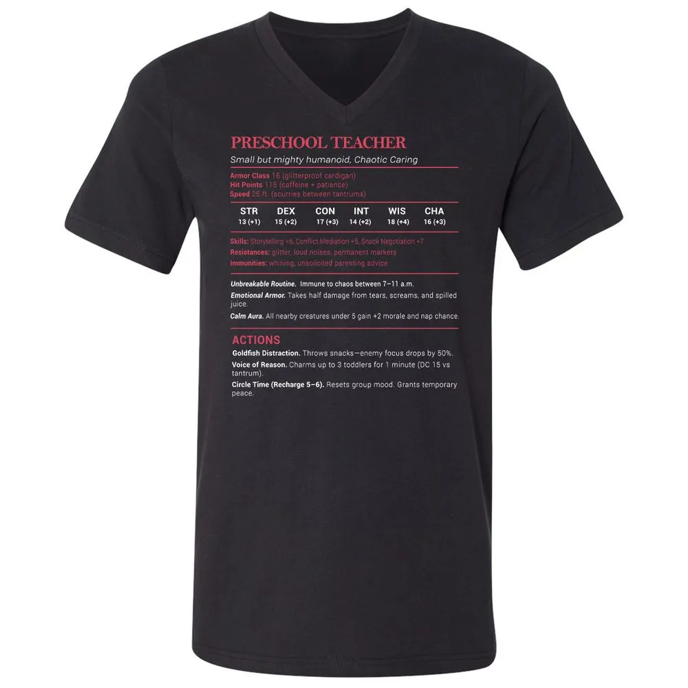 Preschool Teacher Stats Unisex V-Neck T-Shirt - Black - 1
