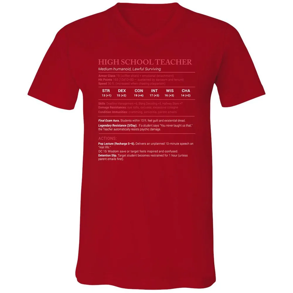 High School Teacher Stats Unisex V-Neck T-Shirt - Red - 3