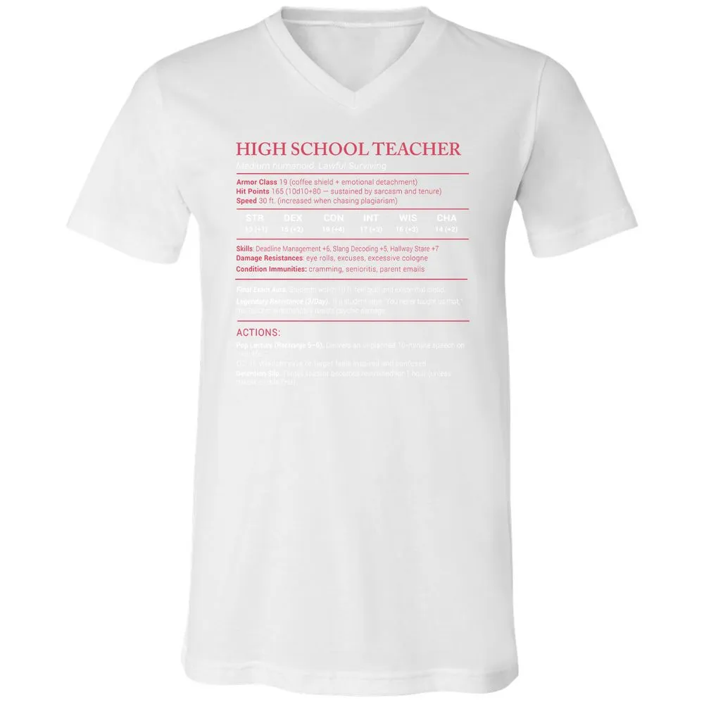 High School Teacher Stats Unisex V-Neck T-Shirt - White - 5