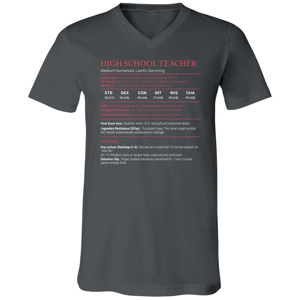 High School Teacher Stats Unisex V-Neck T-Shirt - Asphalt - 12