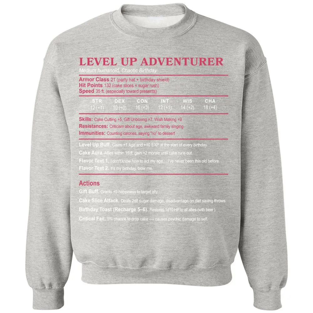 Level Up Adventurer Classic Unisex Sweatshirt - Ash - 8
