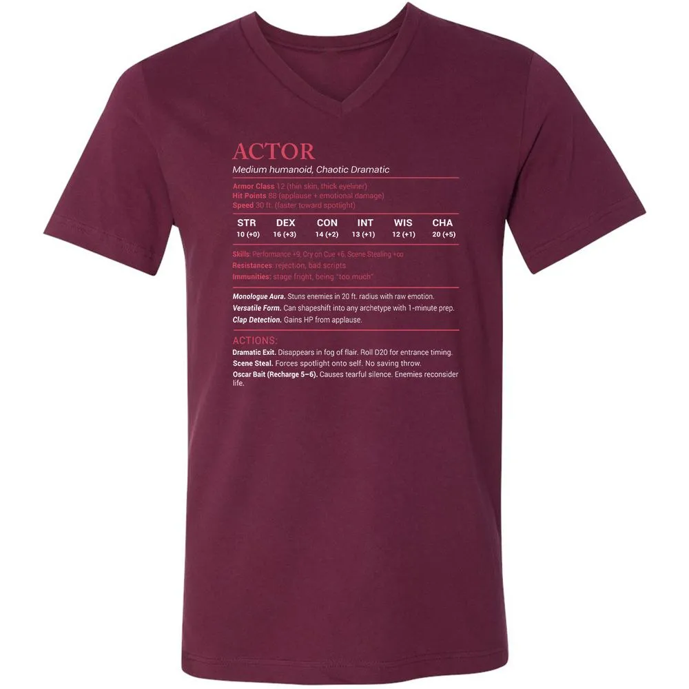 Actor Stats Unisex V-Neck T-Shirt - Maroon - 6