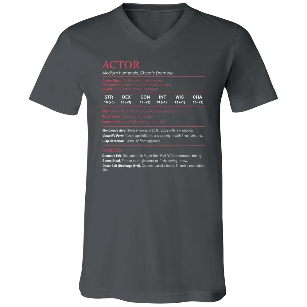 Actor Stats Unisex V-Neck T-Shirt - Asphalt - 12