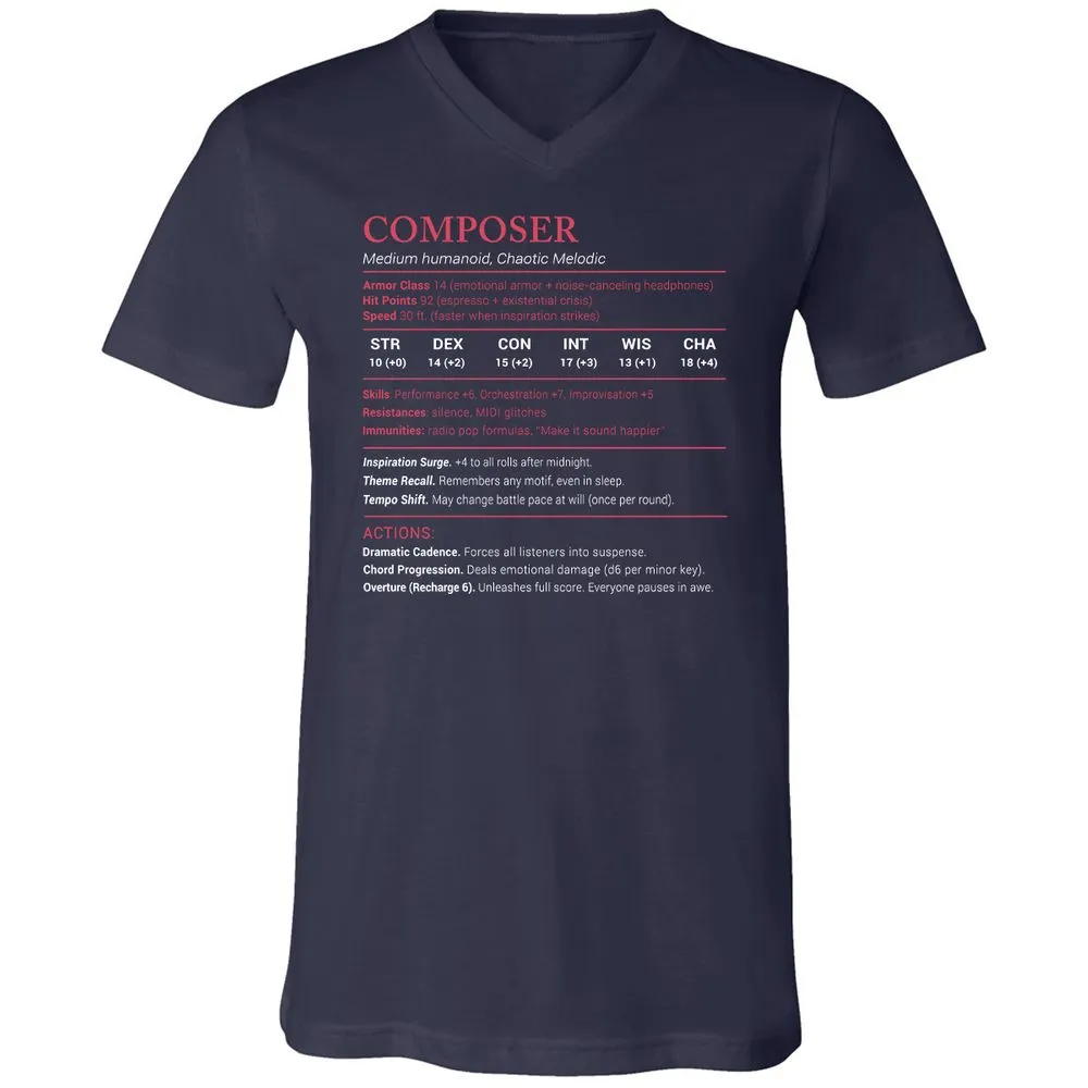Composer Stats Unisex V-Neck T-Shirt - Navy - 2