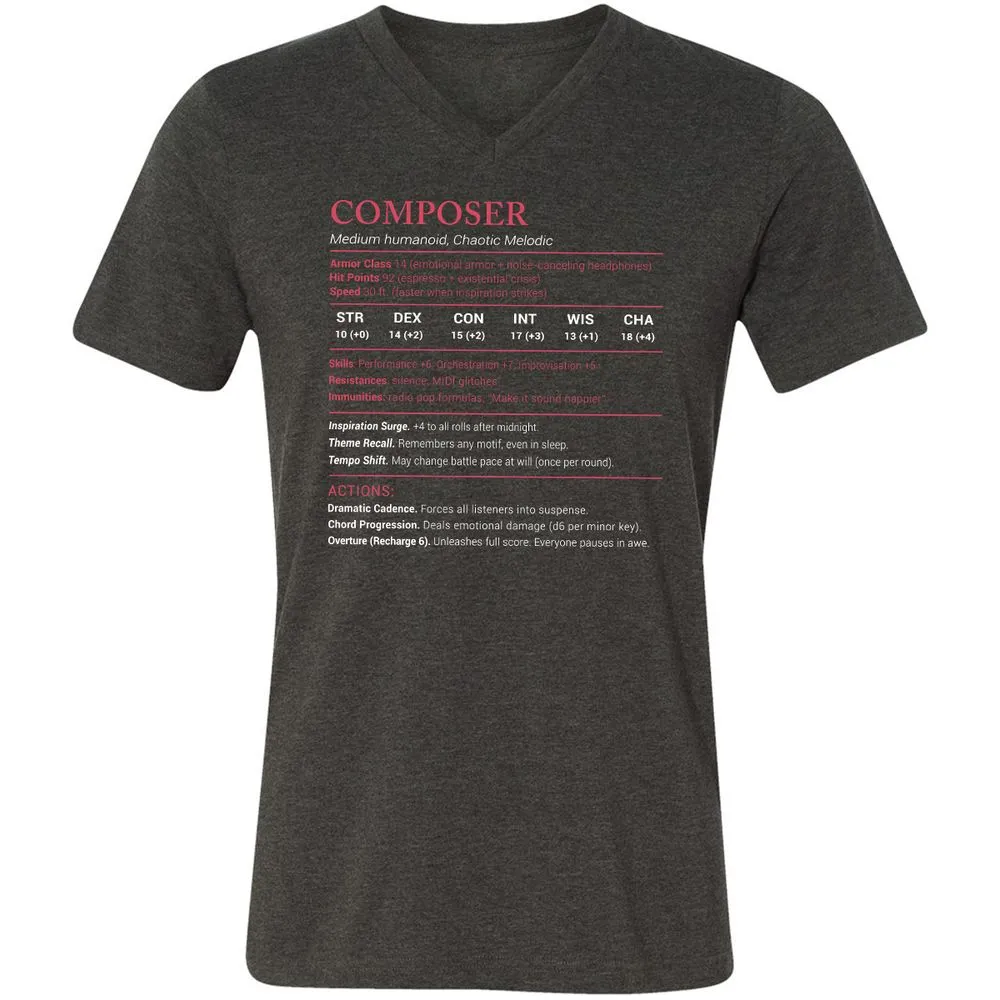 Composer Stats Unisex V-Neck T-Shirt - Dark Grey Heather - 8