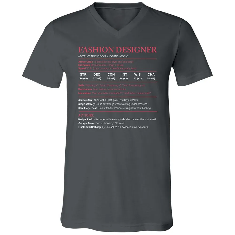 Fashion Designer Stats Unisex V-Neck T-Shirt - Asphalt - 12