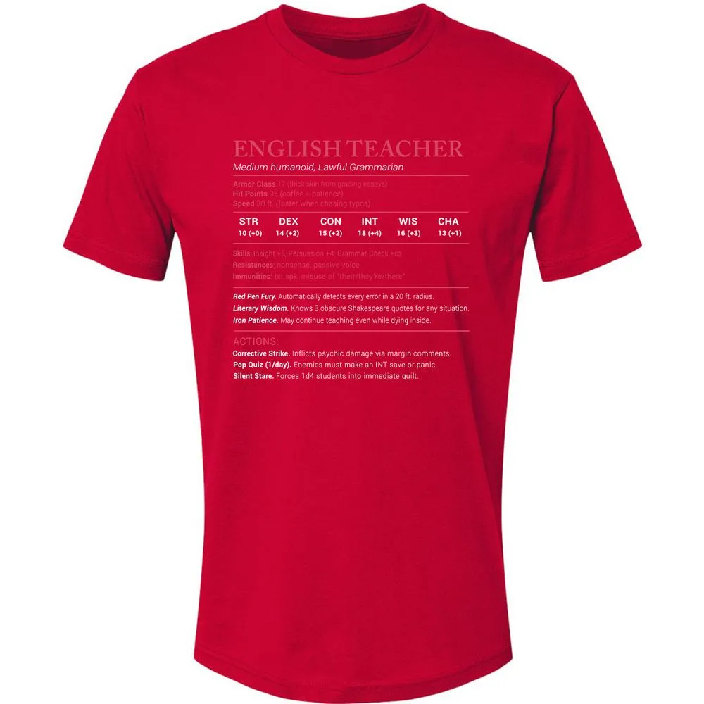 English Teacher Stats Premium Unisex T-Shirt - Red - 6