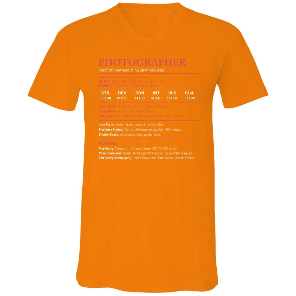 Photographer Stats Unisex V-Neck T-Shirt - Orange - 11