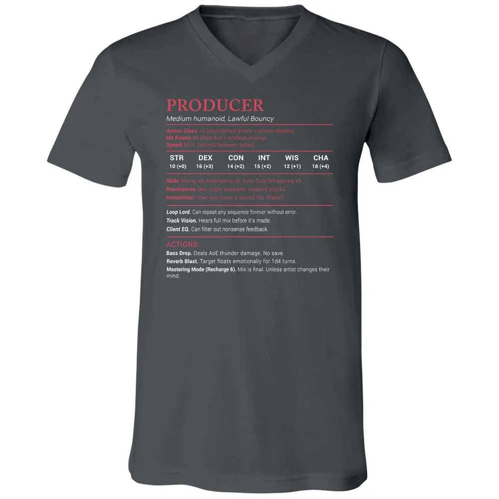 Producer Stats Unisex V-Neck T-Shirt - Asphalt - 12