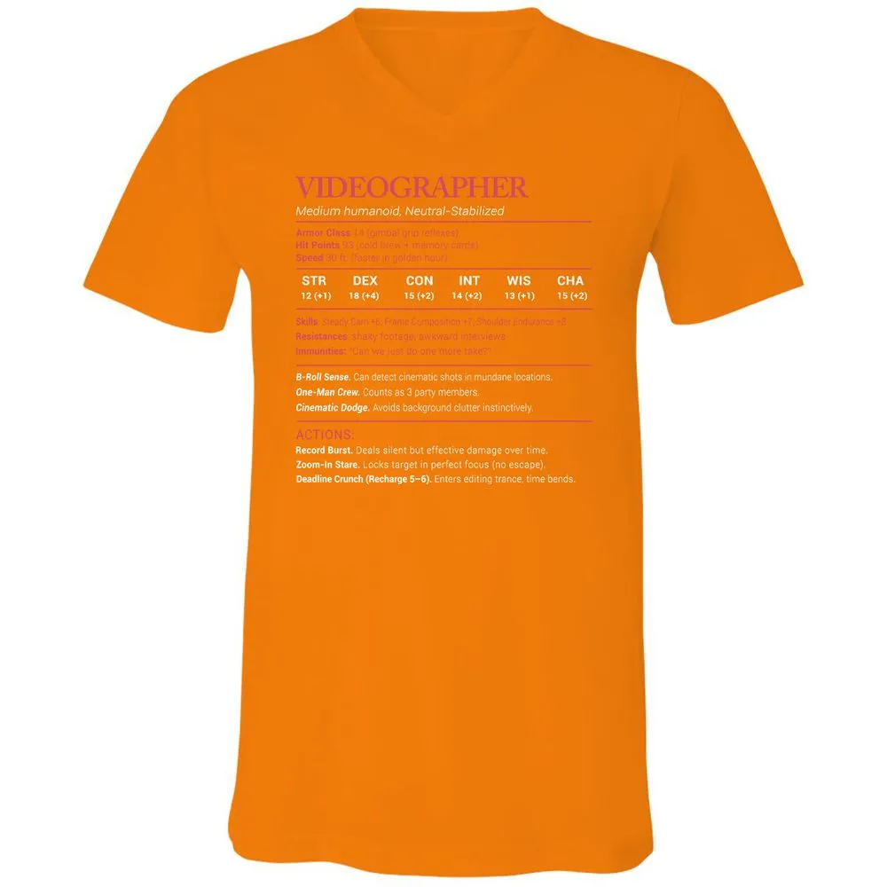 Videographer Stats Unisex V-Neck T-Shirt - Orange - 11
